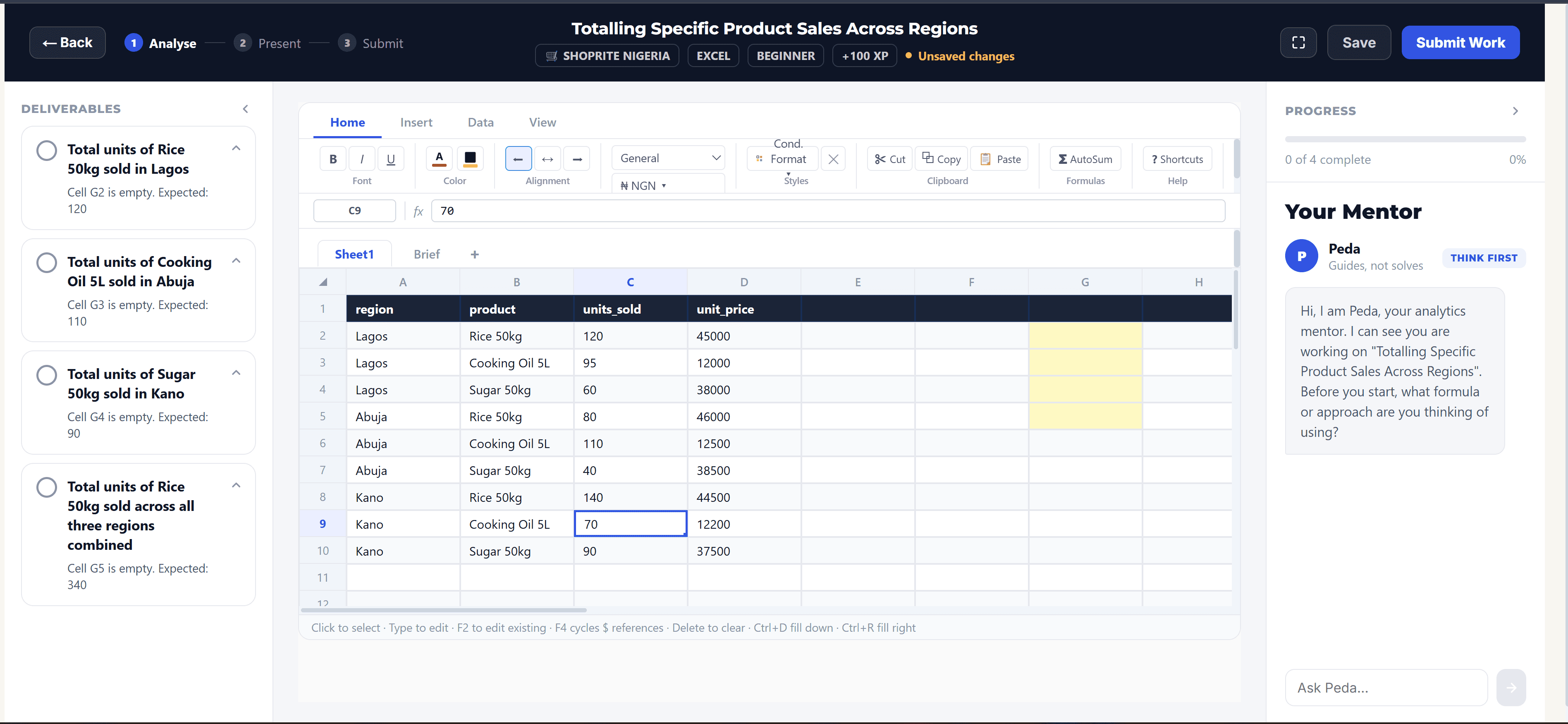 BGAP's Excel challenge interface: a live spreadsheet task with a deliverables checklist and Peda, the AI analytics mentor, guiding the learner