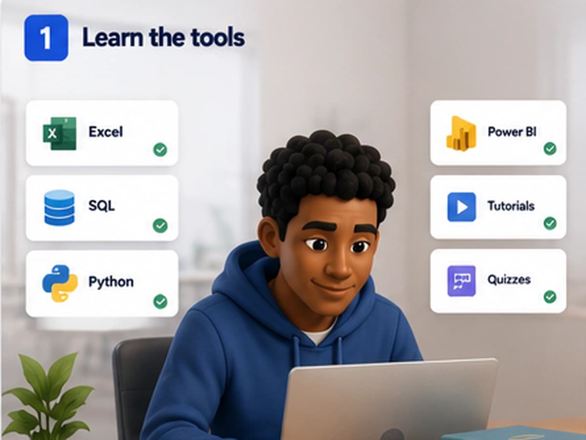 Illustration of a student confidently studying analytics tools at a desk, surrounded by floating icons for Excel, SQL, Python and Power BI, with completed lesson checkmarks nearby